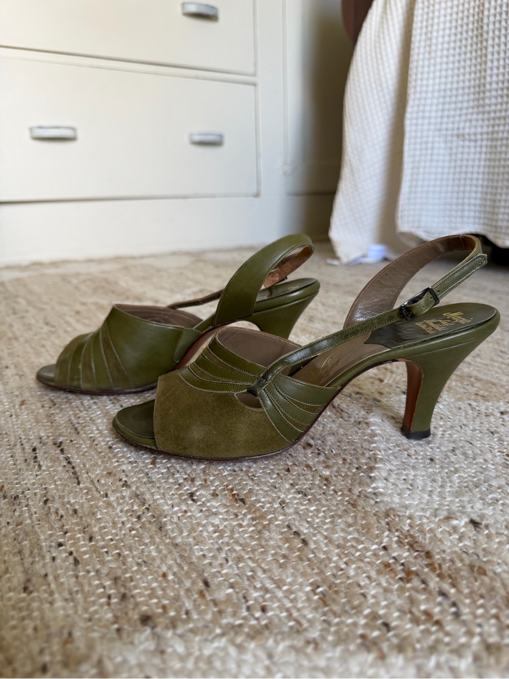 Olive Green Open-Toe Slingback Heels